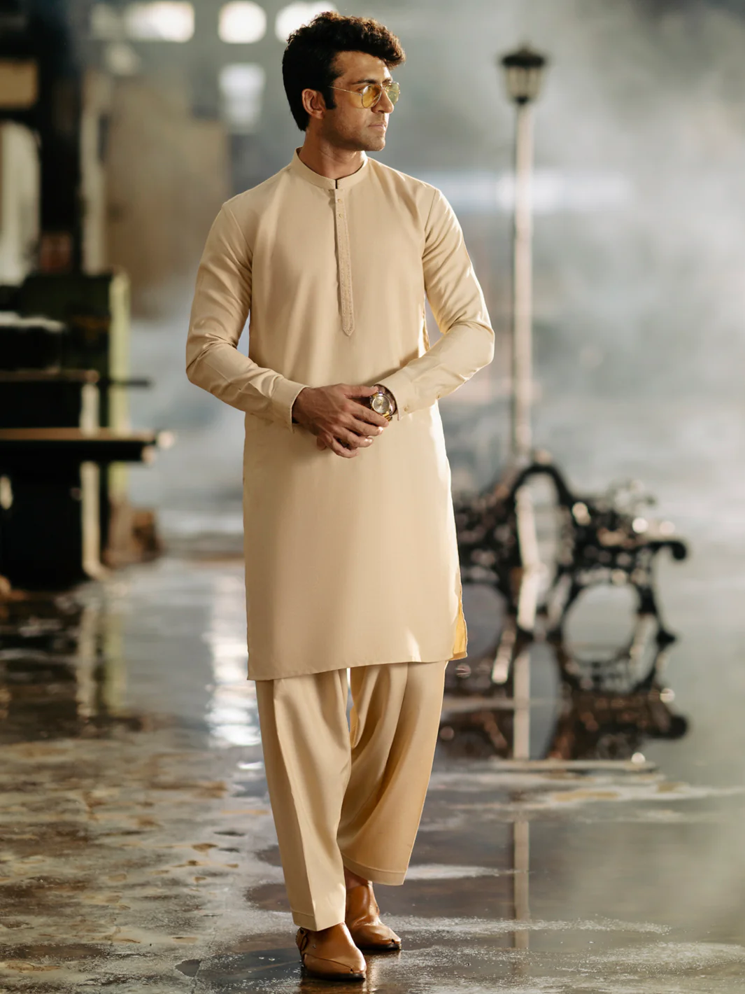 Beige Blended Kameez Shalwar - AL-KS-3034 - Image 6