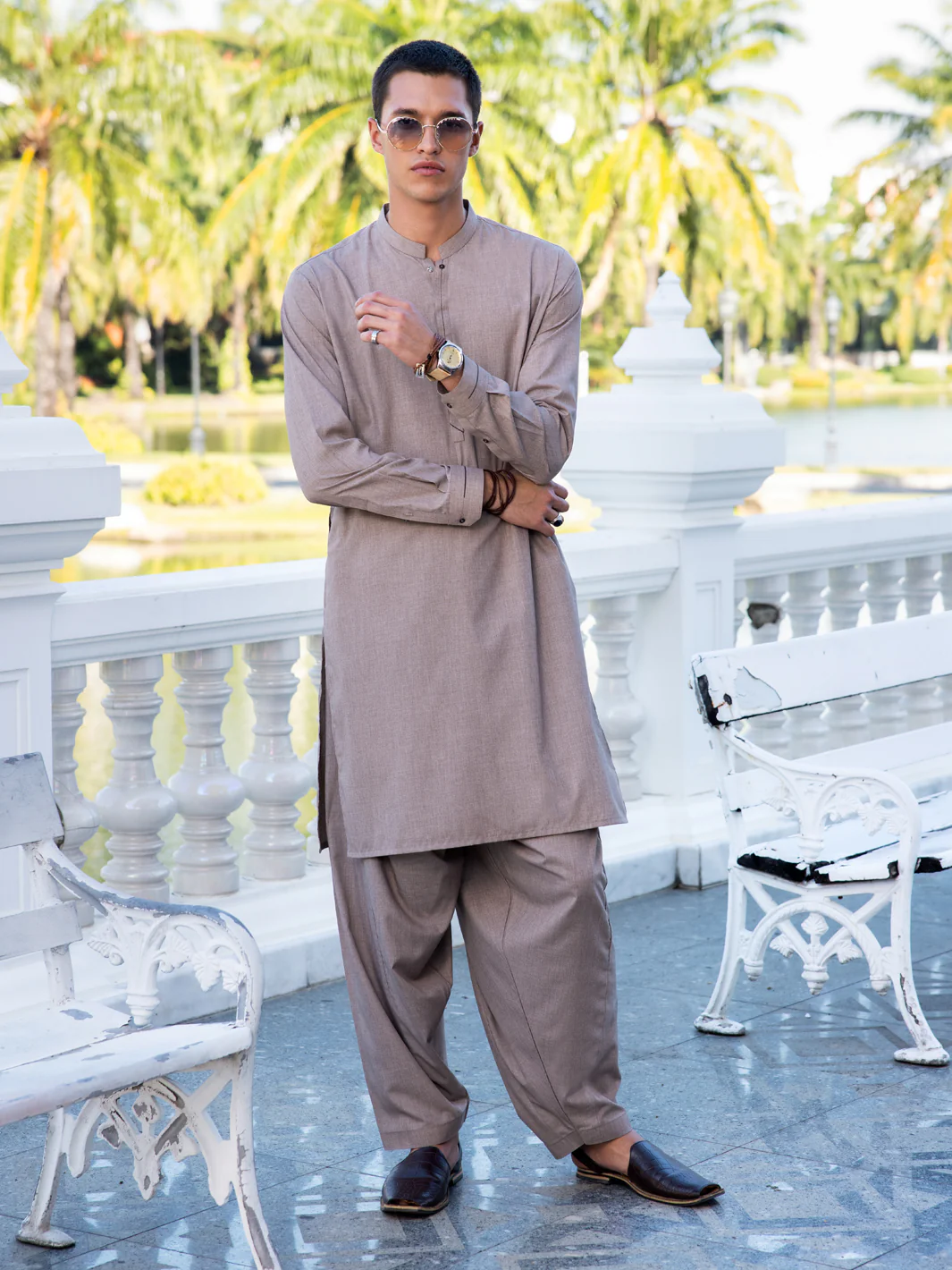 Light Brown Blended Kameez Shalwar - AL-KS-3035