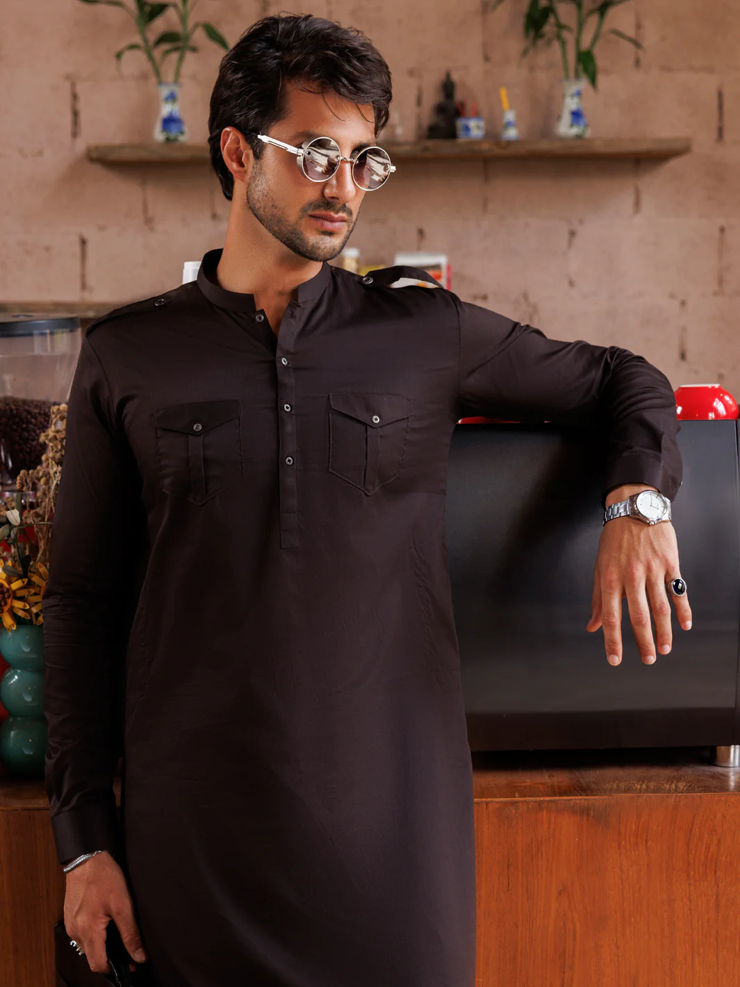 Dark Brown Cotton Kameez Shalwar - AL-KS-3037A - Image 2