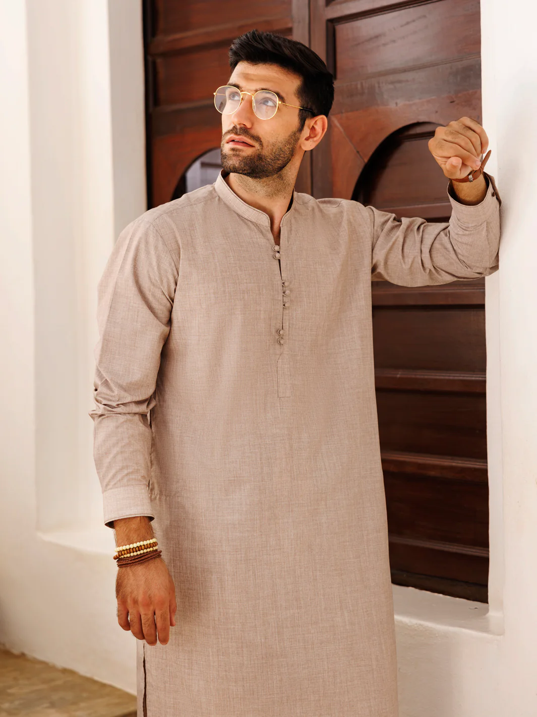 Light Brown Blended Kameez Shalwar - AL-KS-3103 - Image 2