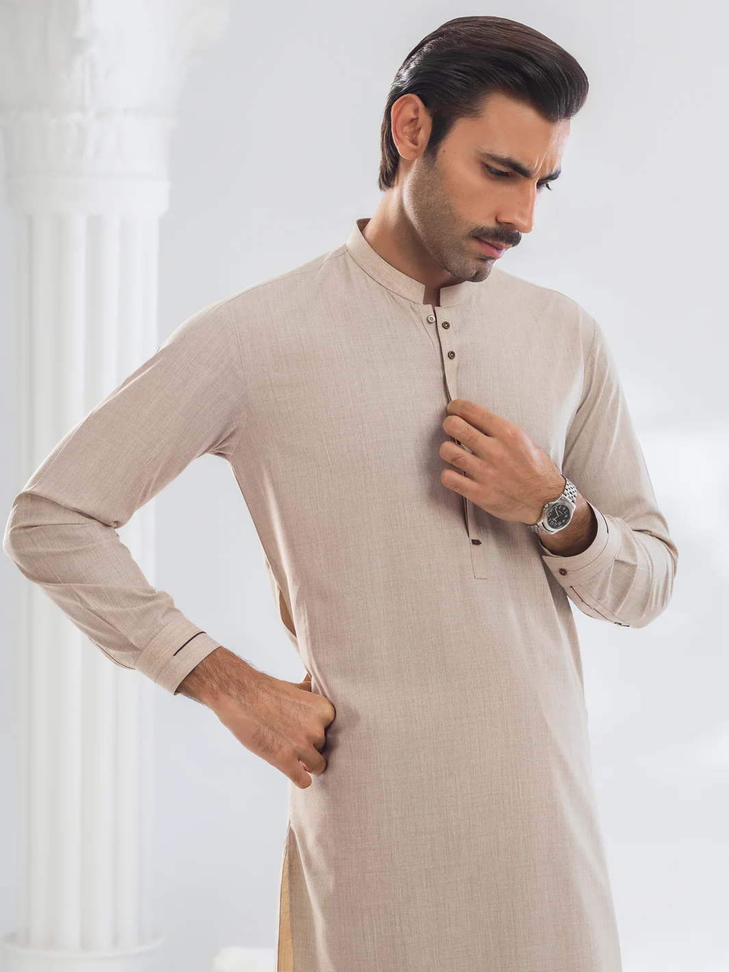 Beige Blended Kameez Shalwar - AL-KS-3109 - Image 3