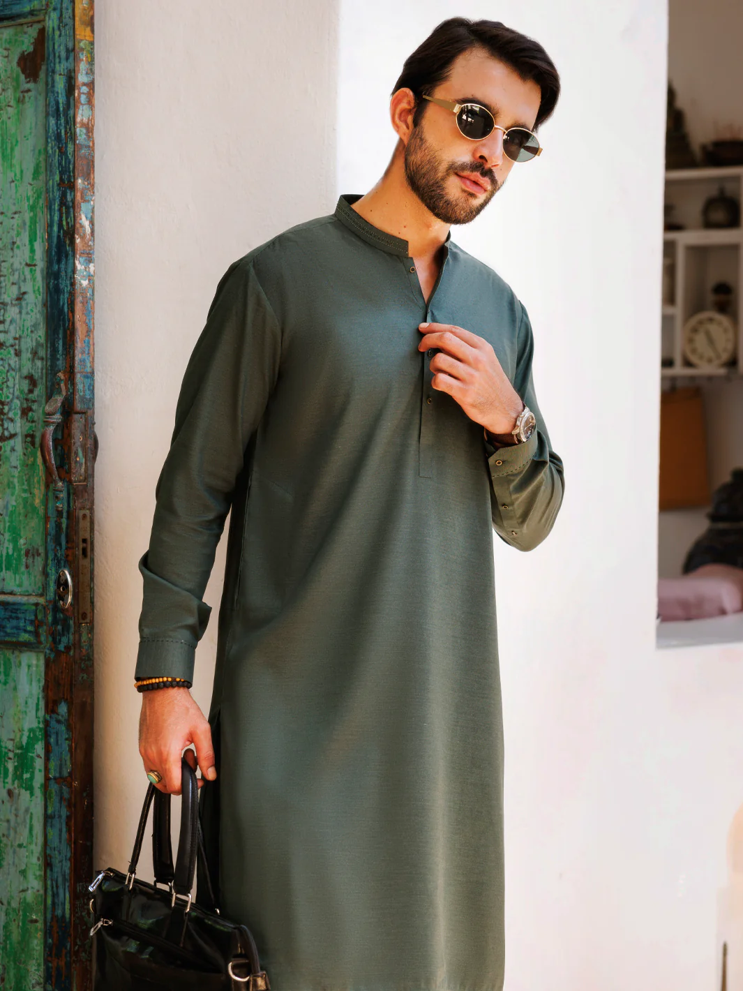 Bottle Green Blended Kameez Shalwar - AL-KS-3149 - Image 2