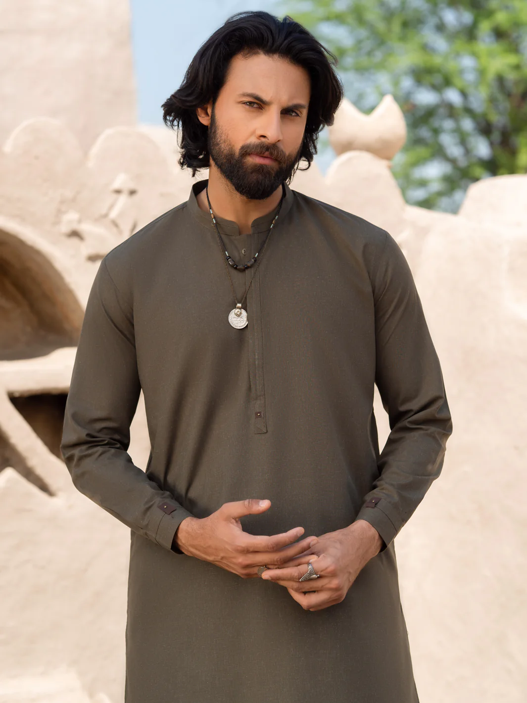 Olive Green Blended Kameez Shalwar - AL-KS-3181 - Image 2