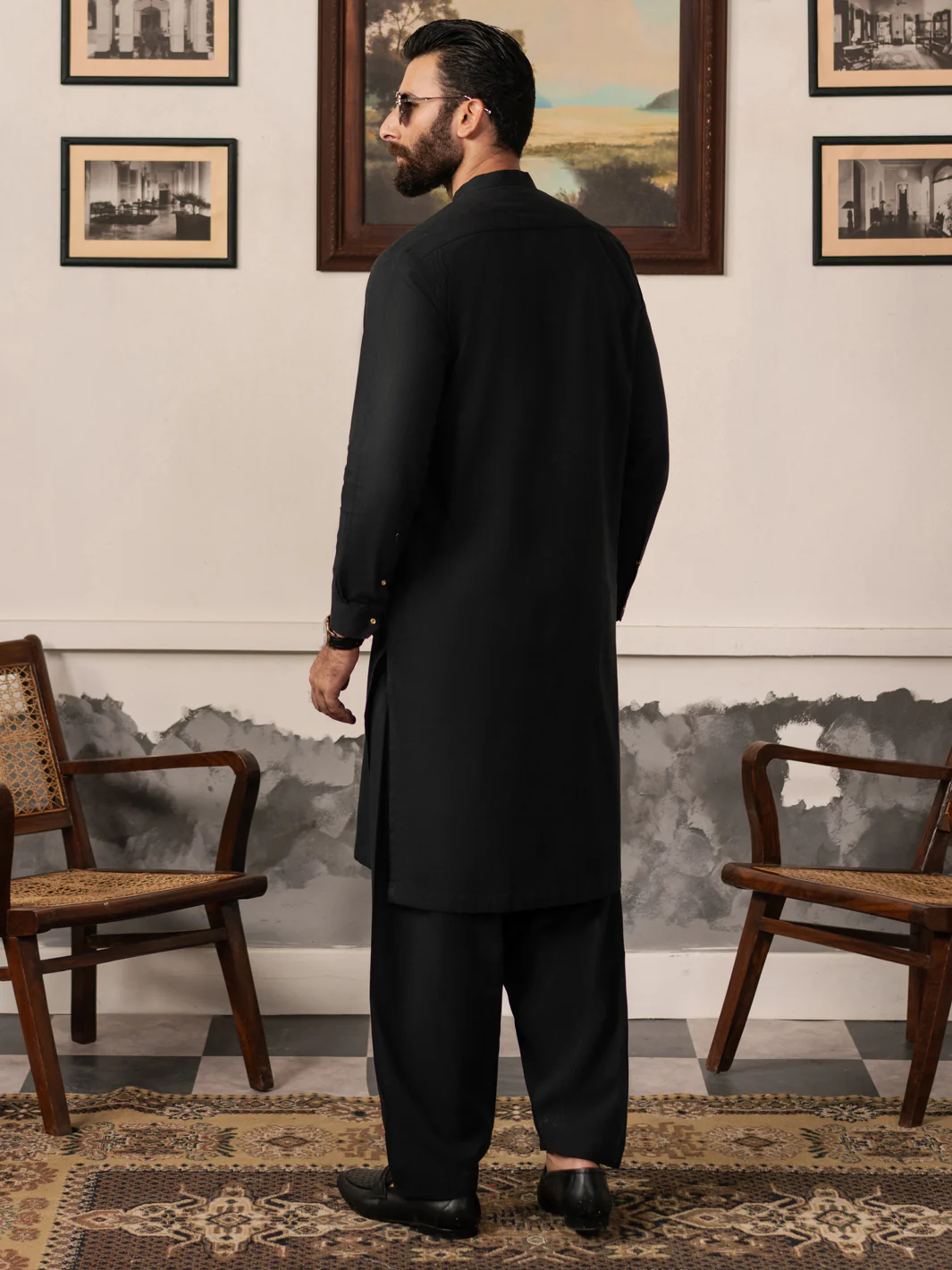 Black Cotton-Linen Kameez Shalwar - AL-KS-3182 - Image 4