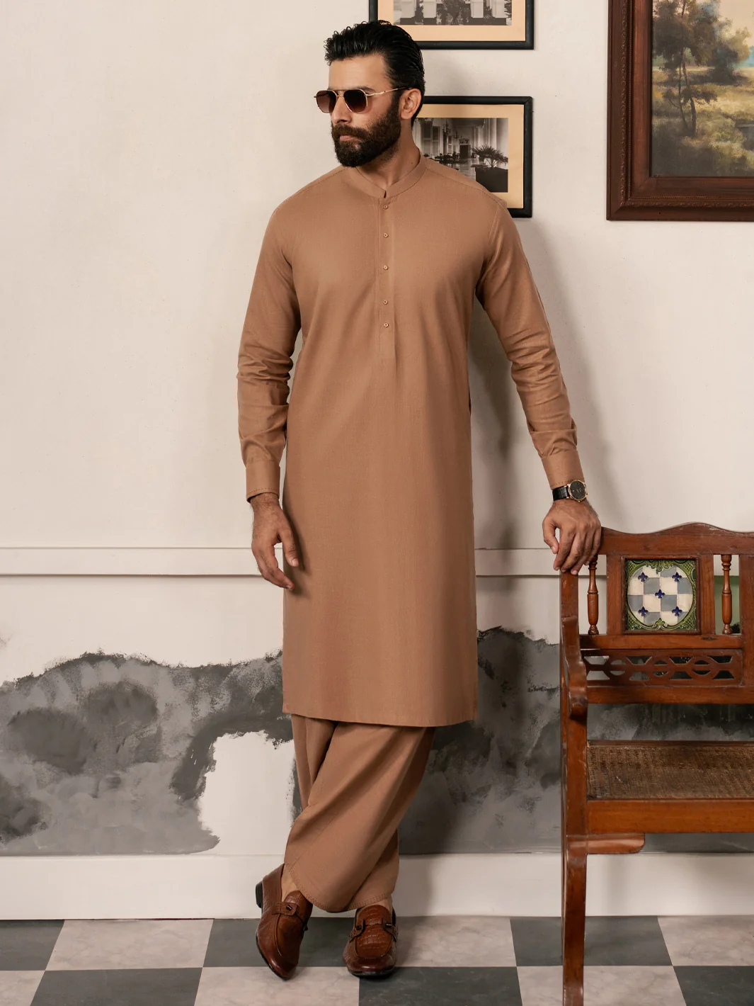 Brown Cotton-Linen Kameez Shalwar - AL-KS-3184