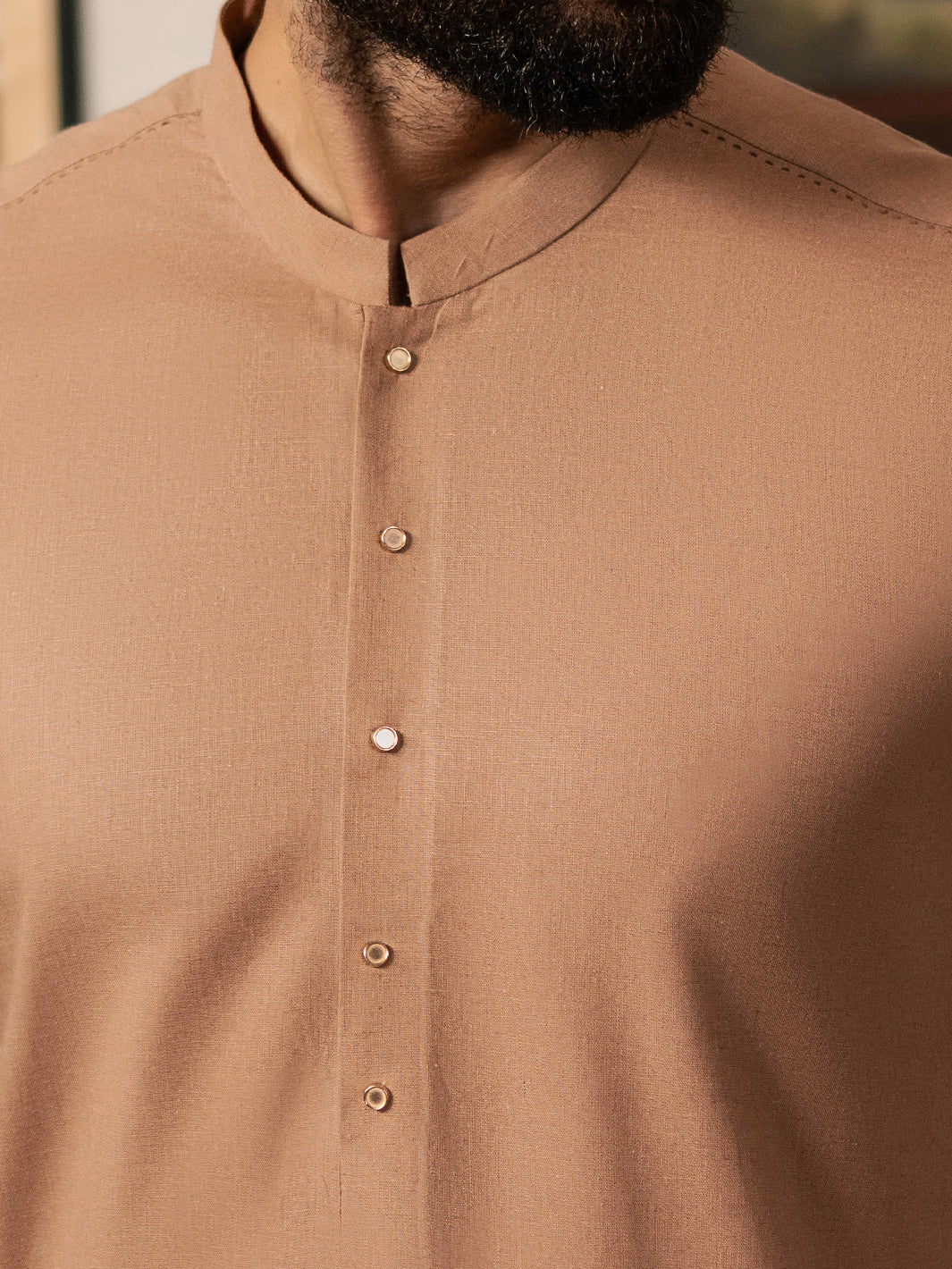 Brown Cotton-Linen Kameez Shalwar - AL-KS-3184 - Image 2