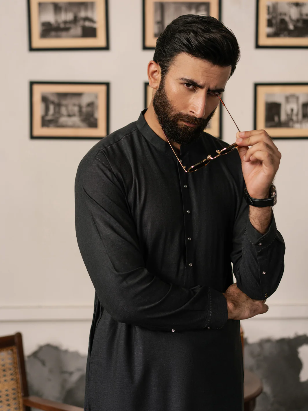 Charcoal Grey Cotton-Linen Kameez Shalwar - AL-KS-3185 - Image 2