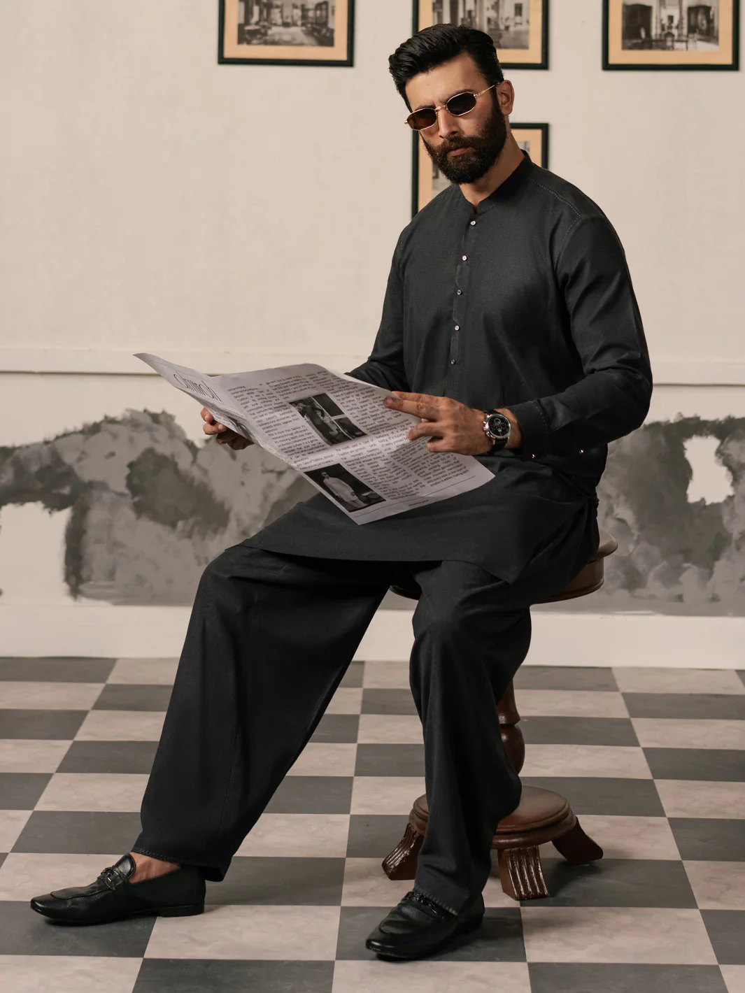 Charcoal Grey Cotton-Linen Kameez Shalwar - AL-KS-3185 - Image 3