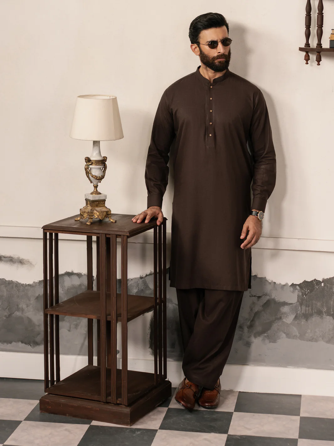 Dark Brown Cotton-Linen Kameez Shalwar - AL-KS-3186 - Image 5