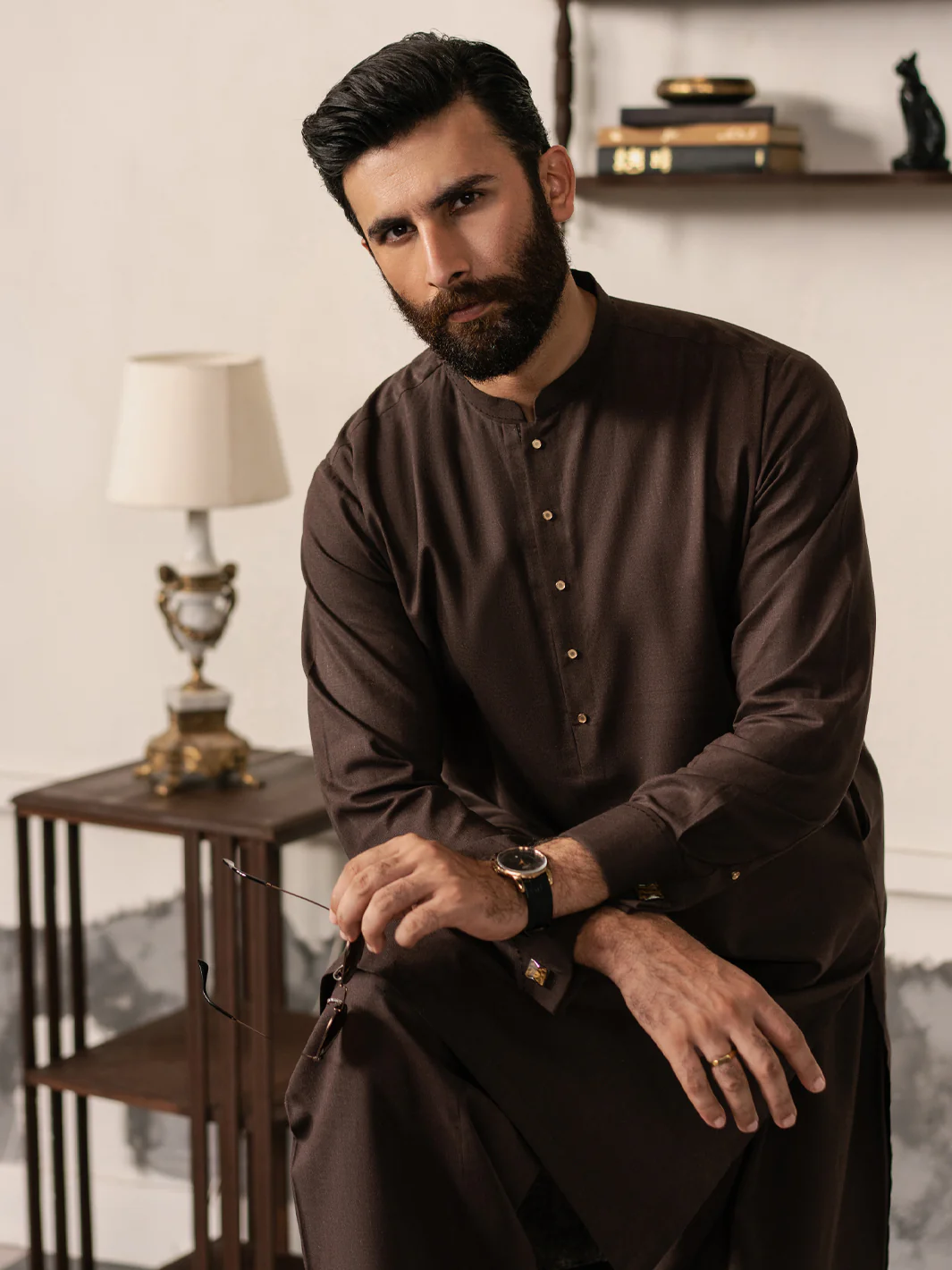 Dark Brown Cotton-Linen Kameez Shalwar - AL-KS-3186 - Image 6