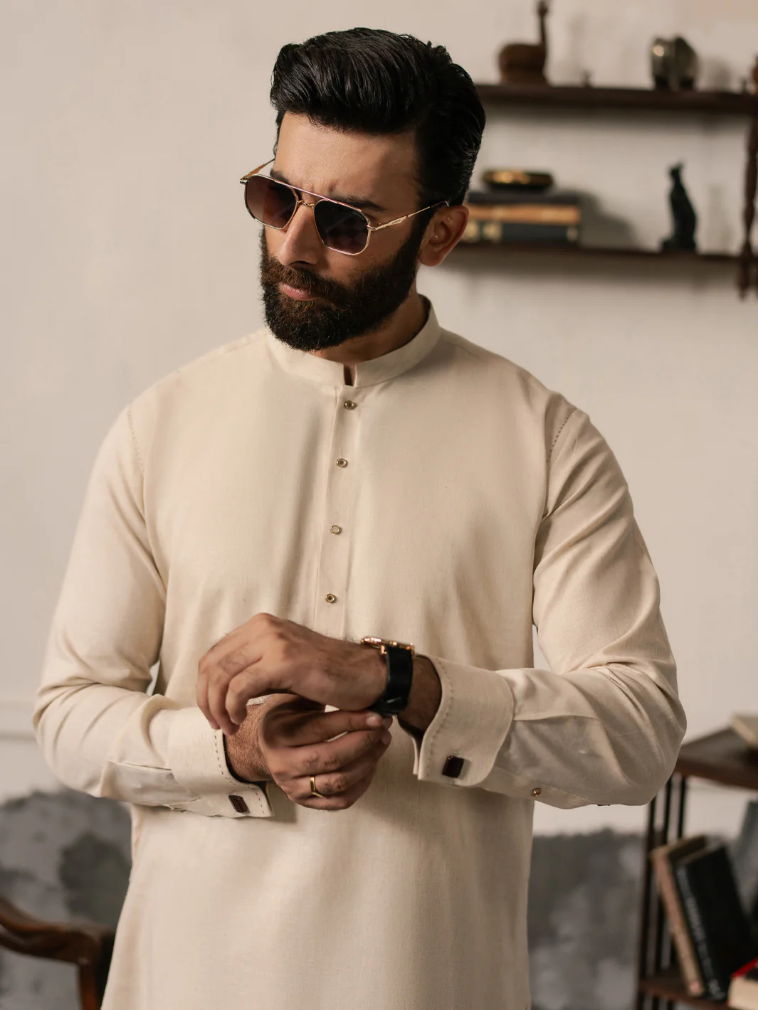 Beige Cotton-Linen Kameez Shalwar - AL-KS-3187 - Image 2