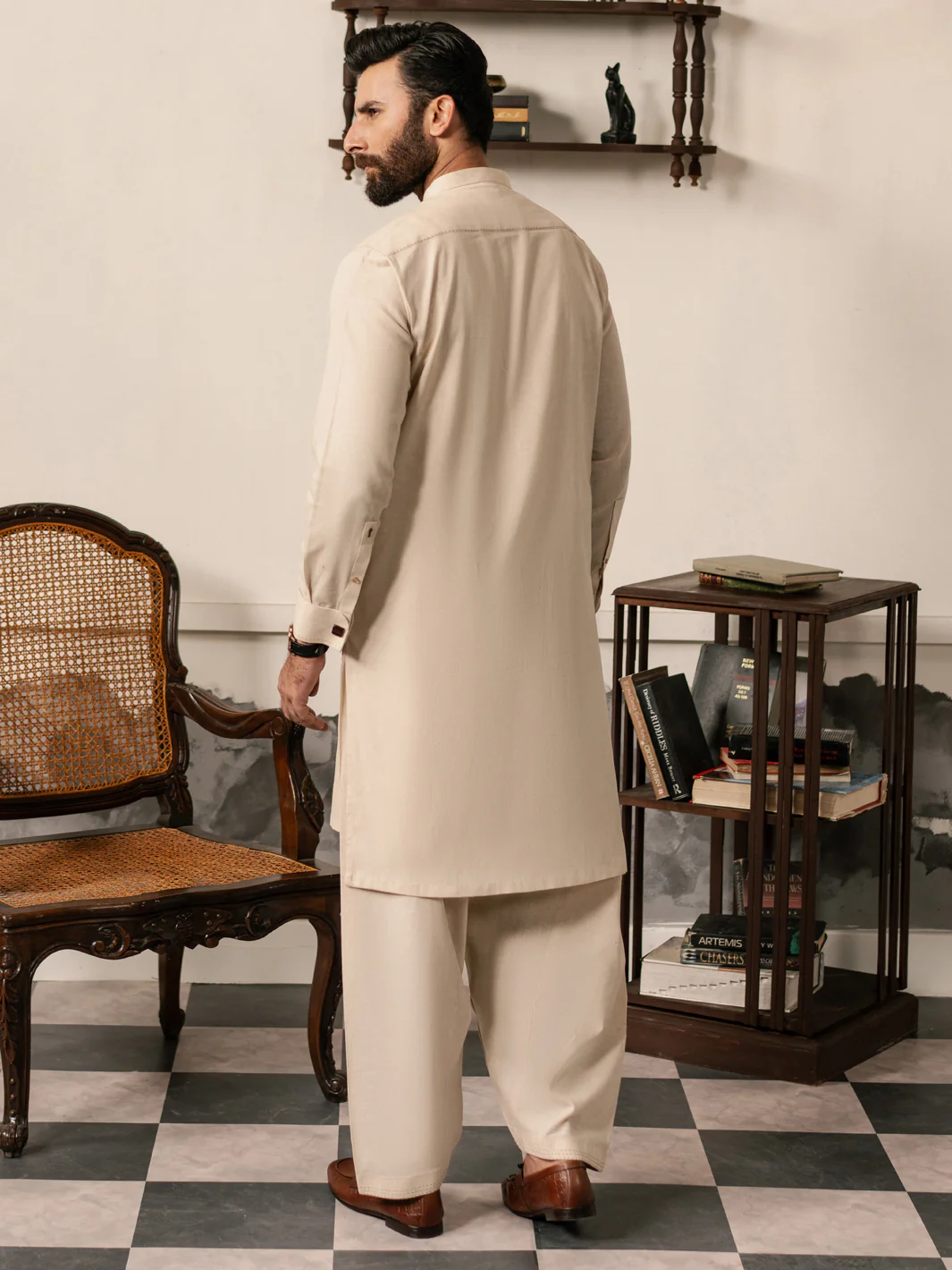 Beige Cotton-Linen Kameez Shalwar - AL-KS-3187 - Image 3