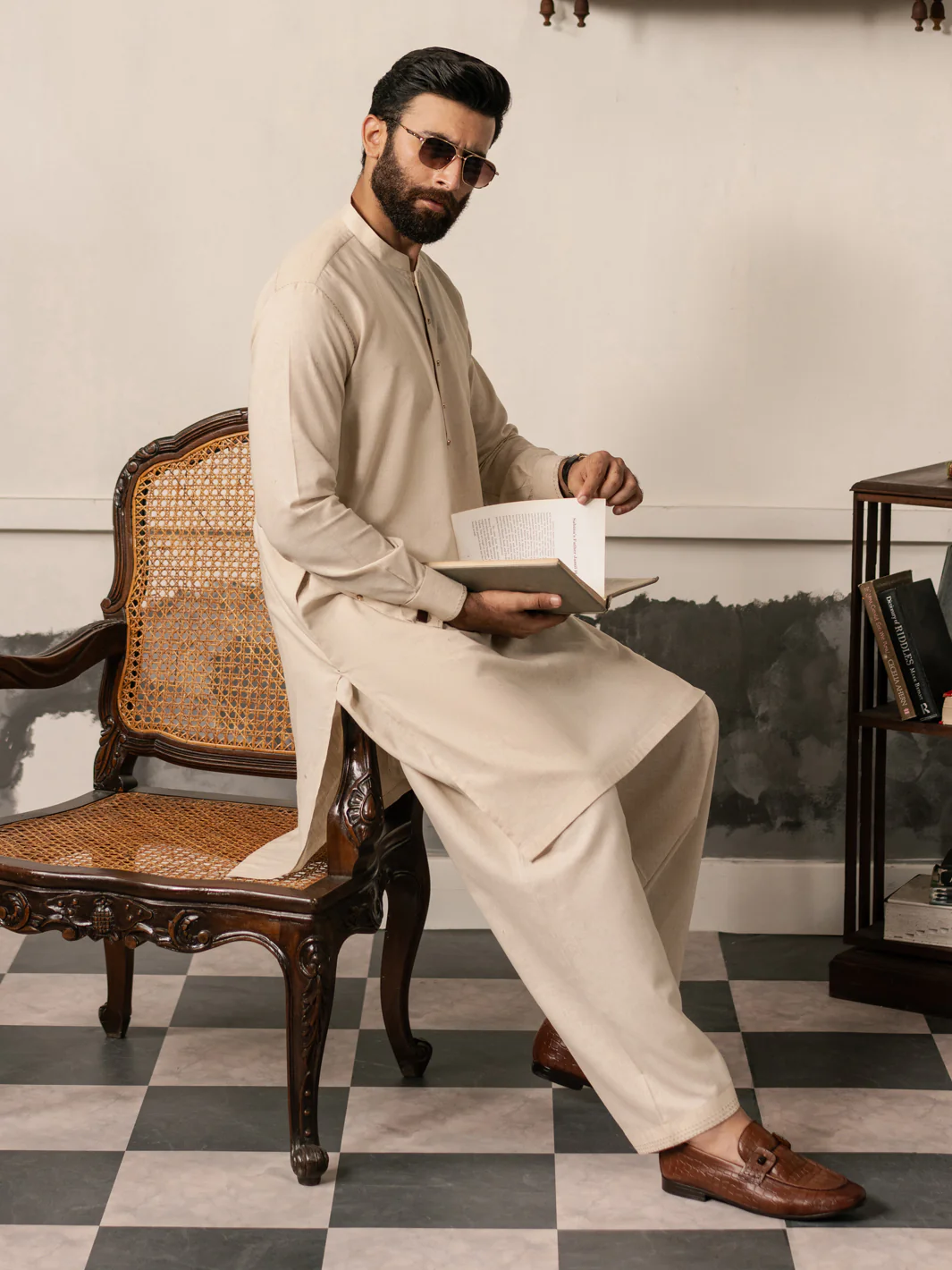 Beige Cotton-Linen Kameez Shalwar - AL-KS-3187 - Image 5
