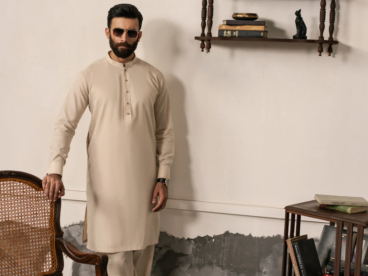Beige Cotton-Linen Kameez Shalwar - AL-KS-3187 - Image 6