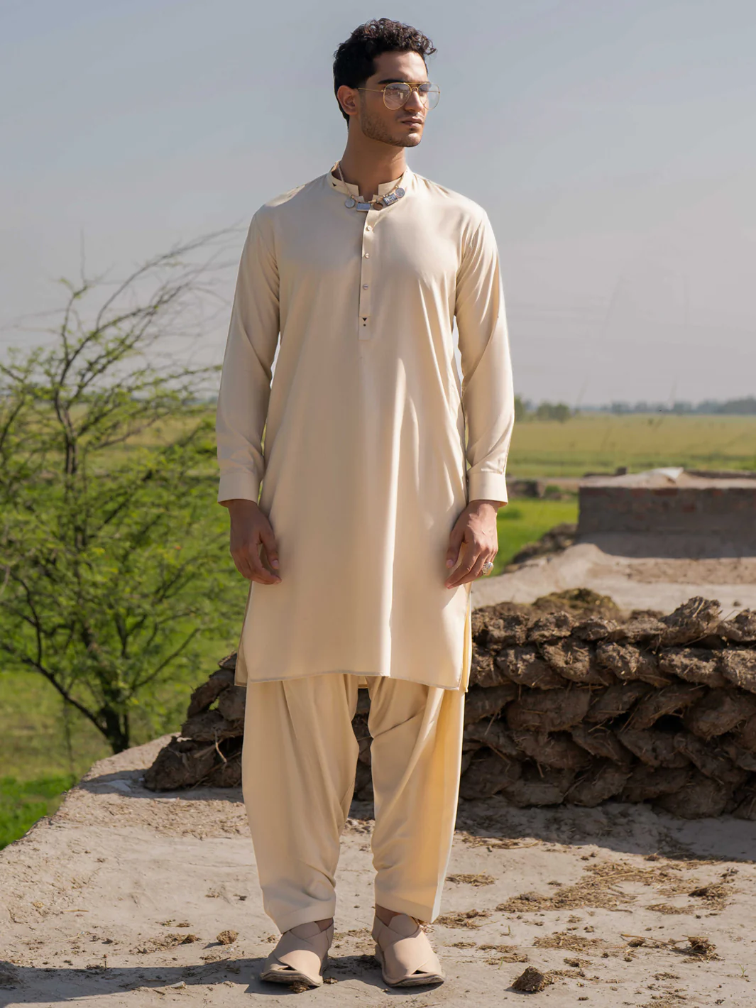 Beige Blended Kameez Shalwar - AL-KS-3206