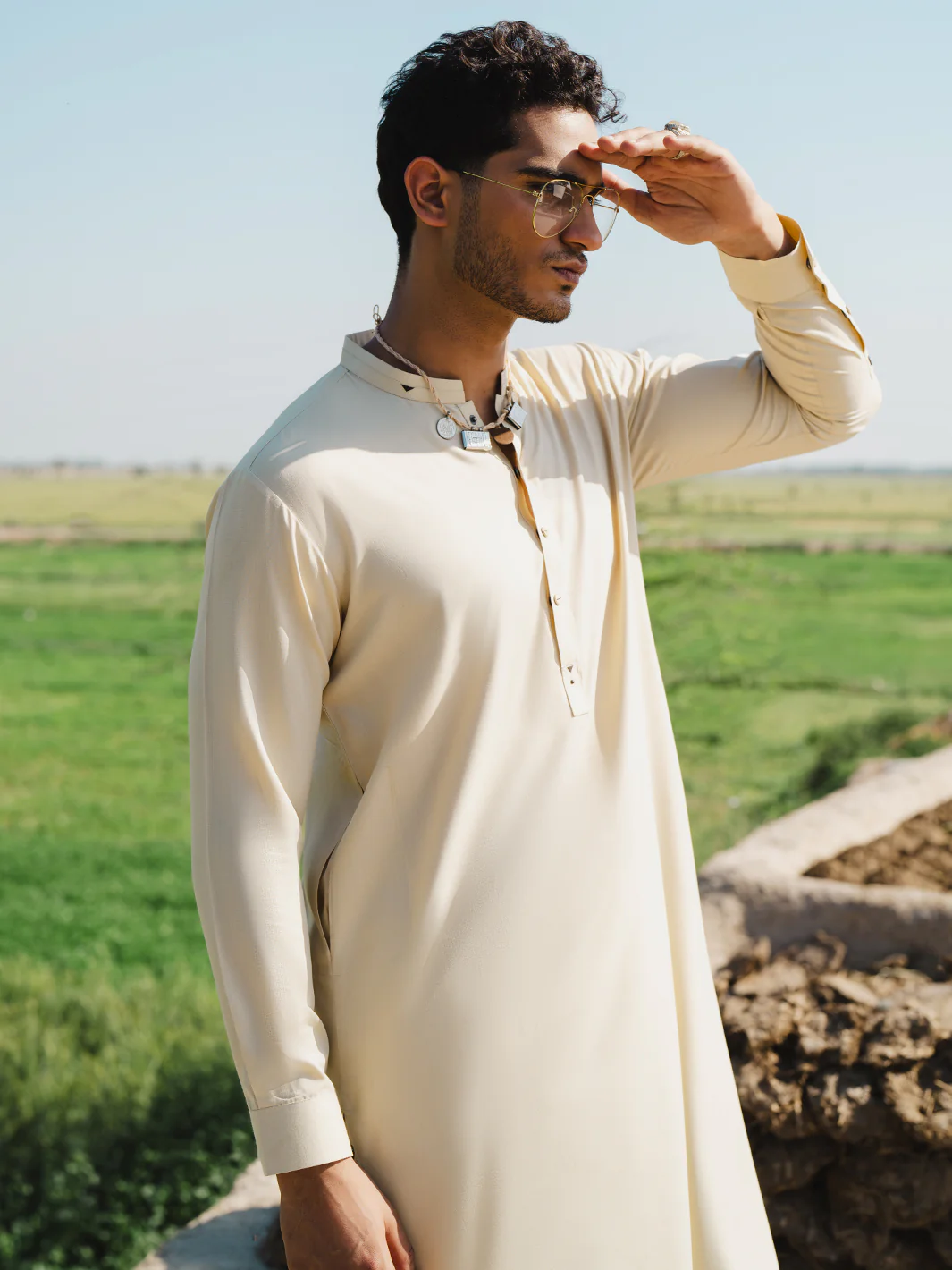Beige Blended Kameez Shalwar - AL-KS-3206 - Image 2