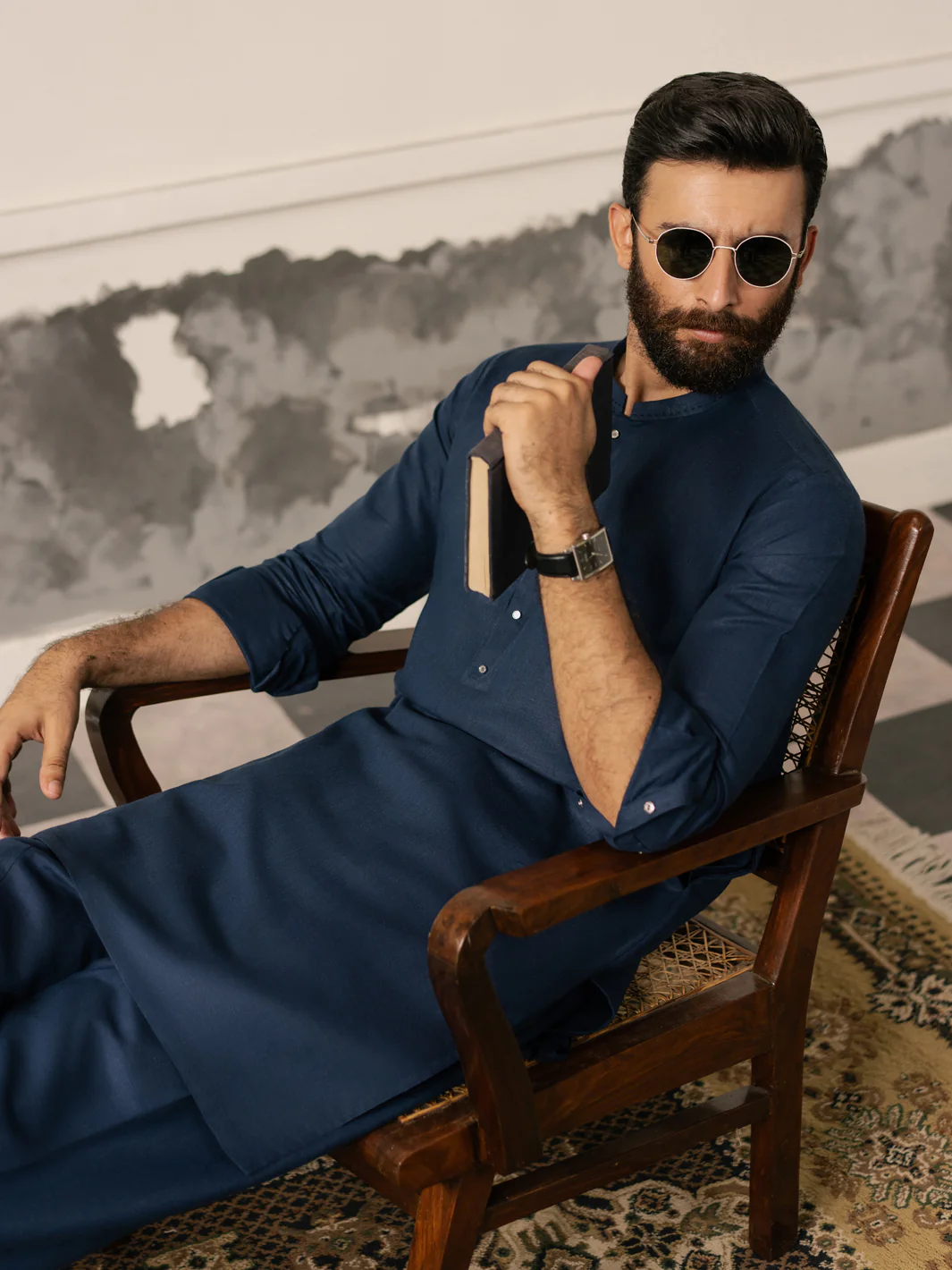 Blue Cotton-Linen Kameez Shalwar - AL-KS-3268 - Image 2