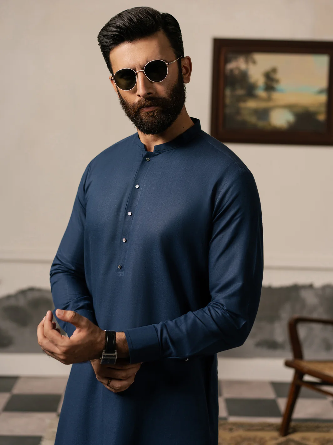Blue Cotton-Linen Kameez Shalwar - AL-KS-3268 - Image 4