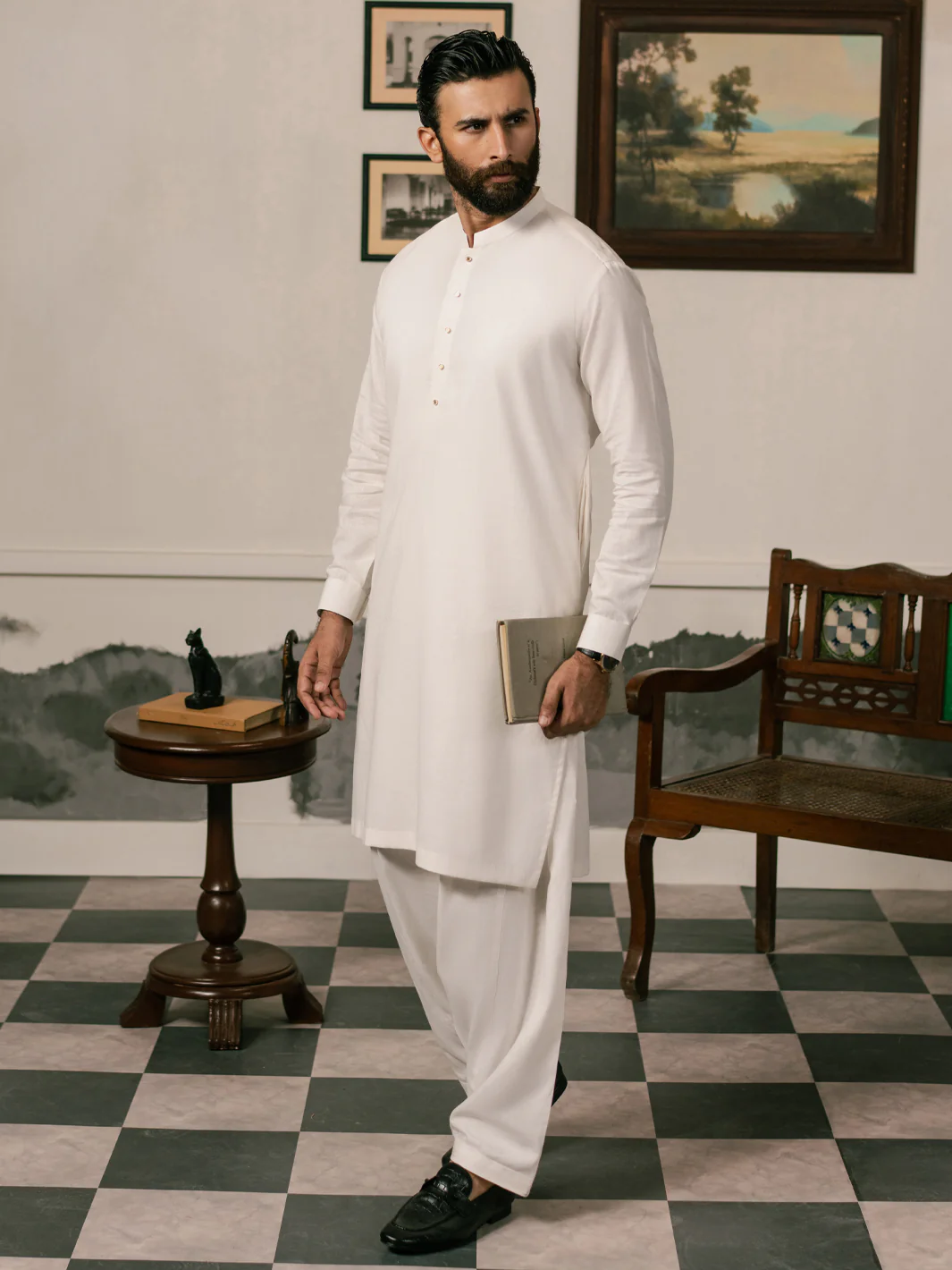 White Cotton-Linen Kameez Shalwar - AL-KS-3269