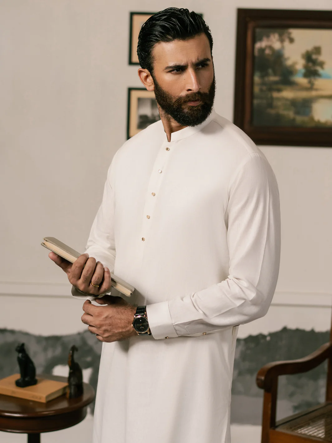 White Cotton-Linen Kameez Shalwar - AL-KS-3269 - Image 2