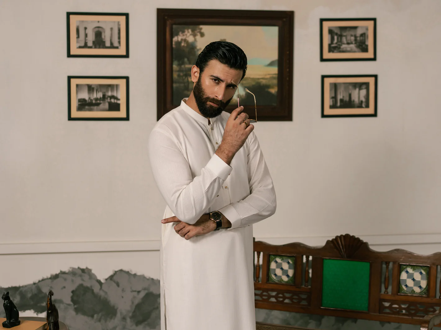 White Cotton-Linen Kameez Shalwar - AL-KS-3269 - Image 4