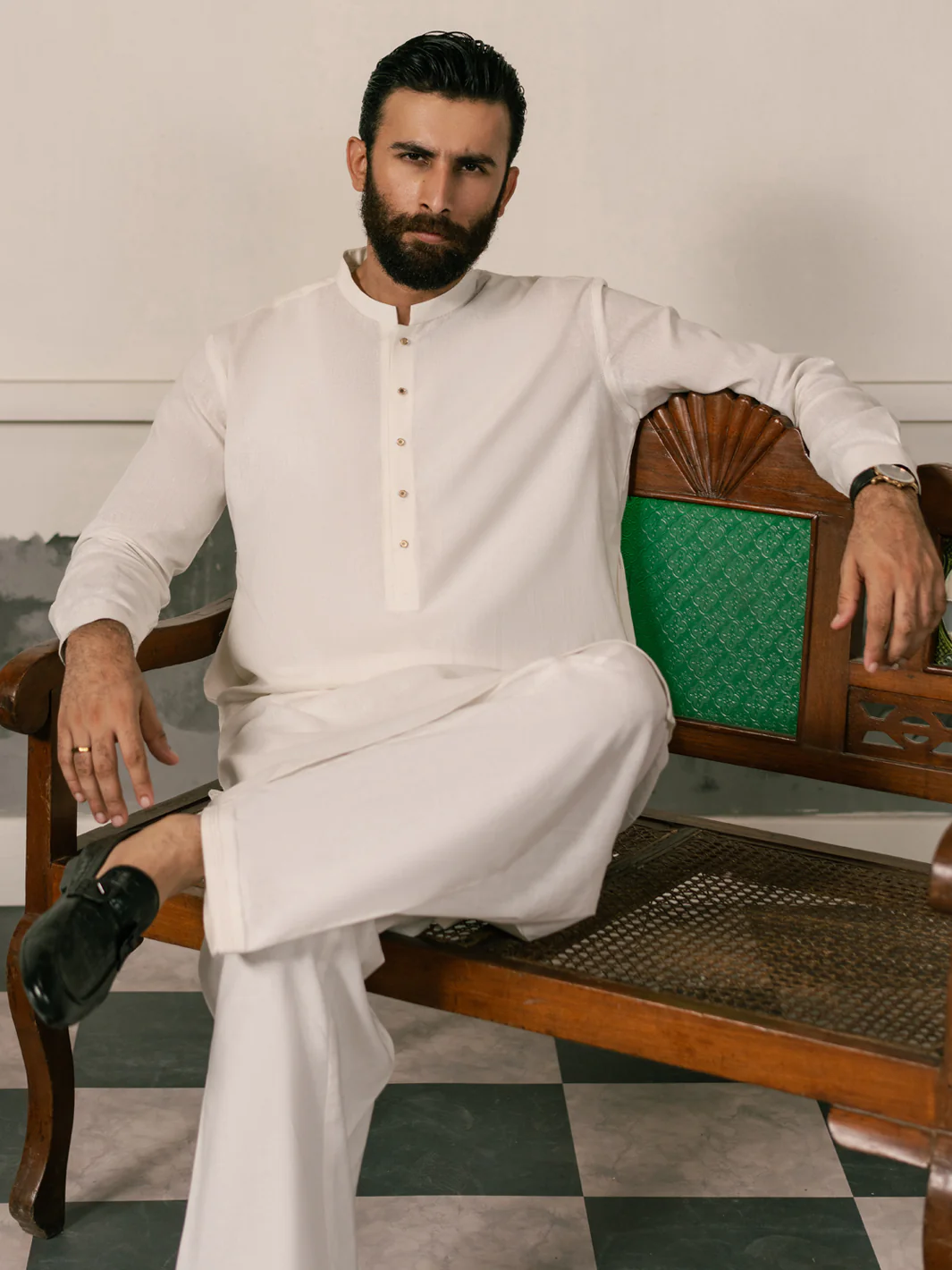 White Cotton-Linen Kameez Shalwar - AL-KS-3269 - Image 5