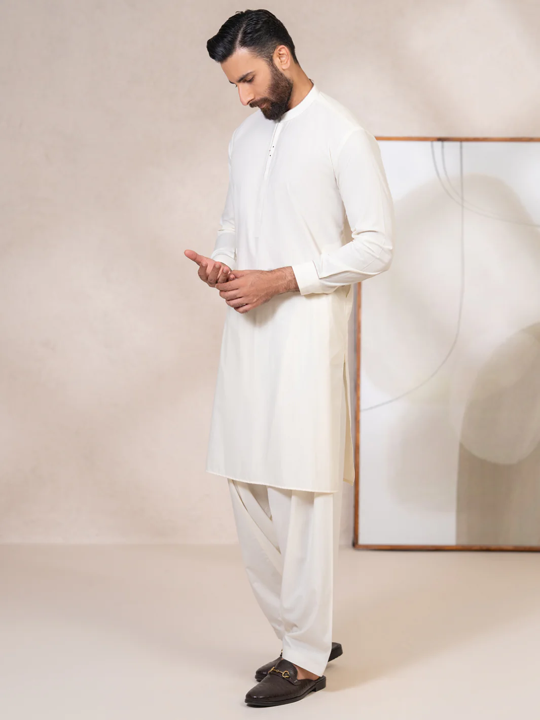 Cream Cut & Sew Kameez Shalwar - AL-KS-3361 - Image 5