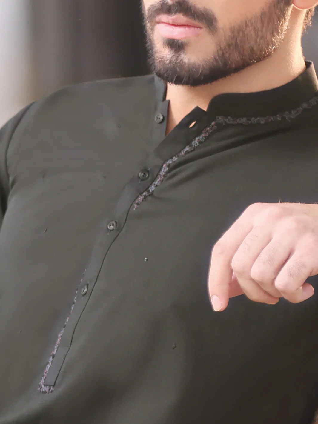 Dark Green Blended Kurta Pajama - AL-KT-2584 - Image 2