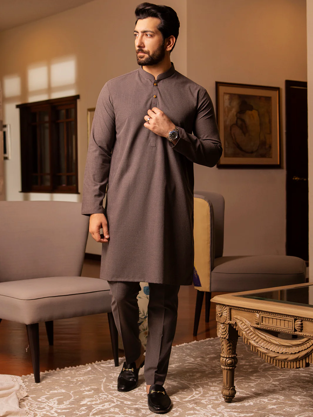 Grey Blended Kurta Trouser - AL-KT-2709 - Image 4