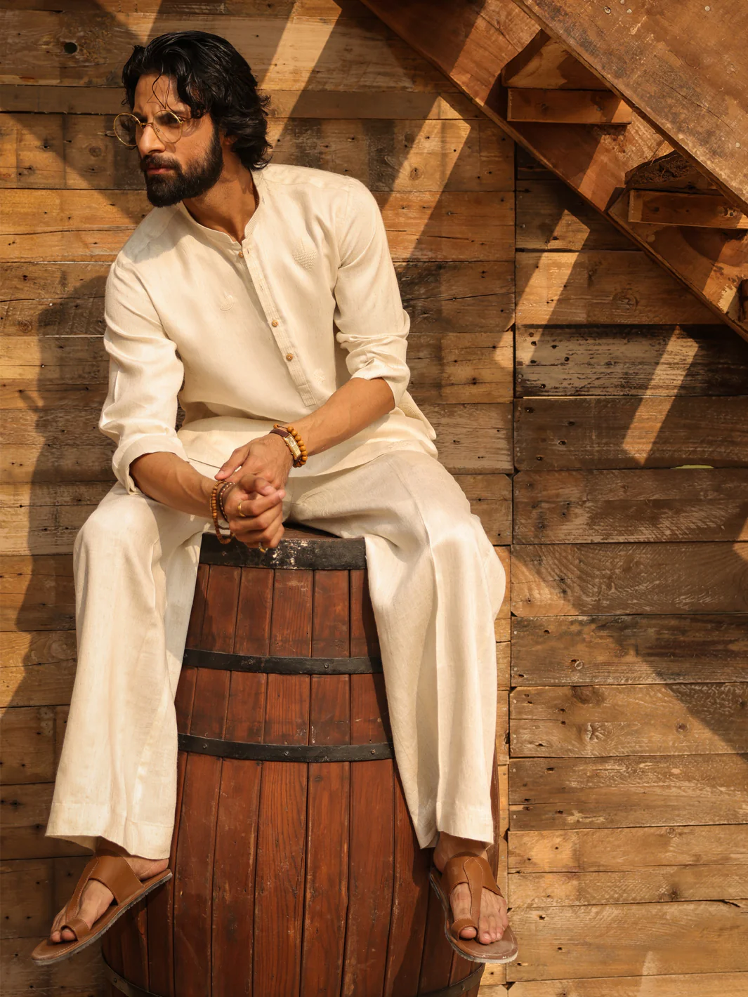 Off White Cotton Semi-Formal Kurta Trousers - AL-KT-3314 - Image 3