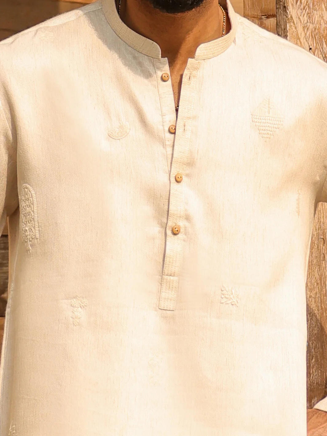 Off White Cotton Semi-Formal Kurta Trousers - AL-KT-3314 - Image 4