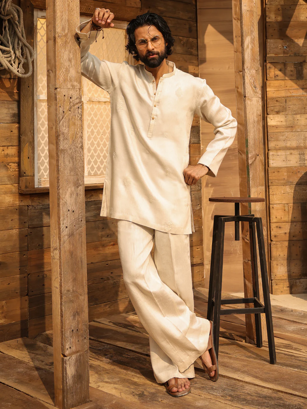 Off White Cotton Semi-Formal Kurta Trousers - AL-KT-3314 - Image 5