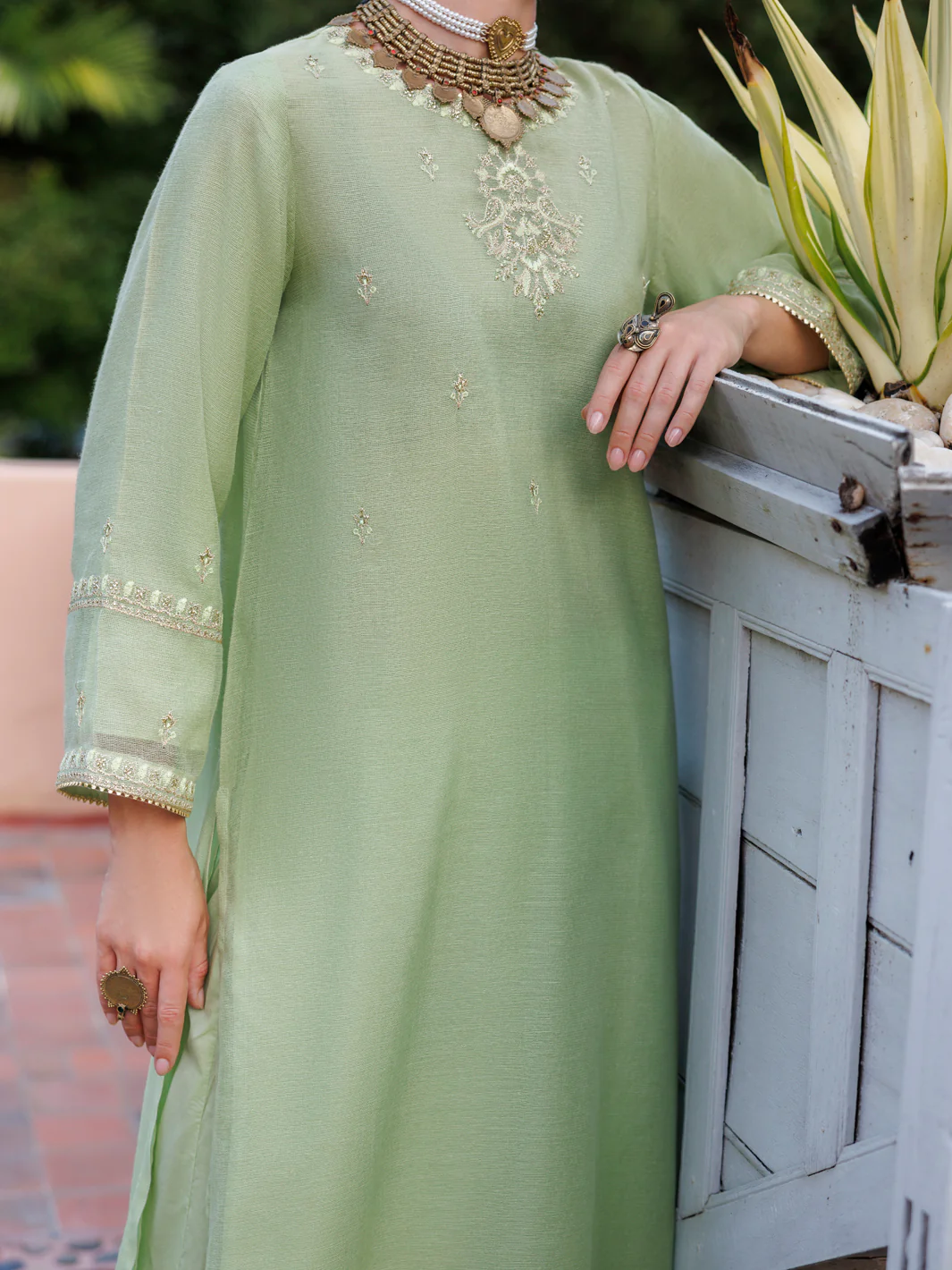 Light Green Khaddi Net Tunic - AL-LK-1038 - Image 3