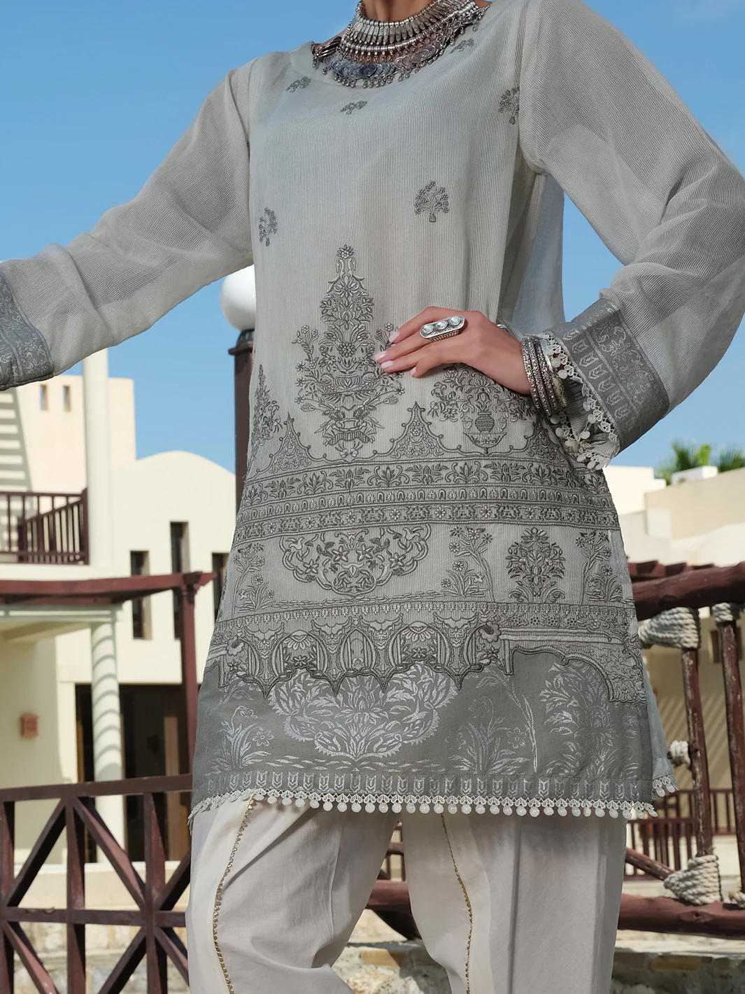 Light Grey Striped Cotton Tunic - AL-LK-733 - Image 2