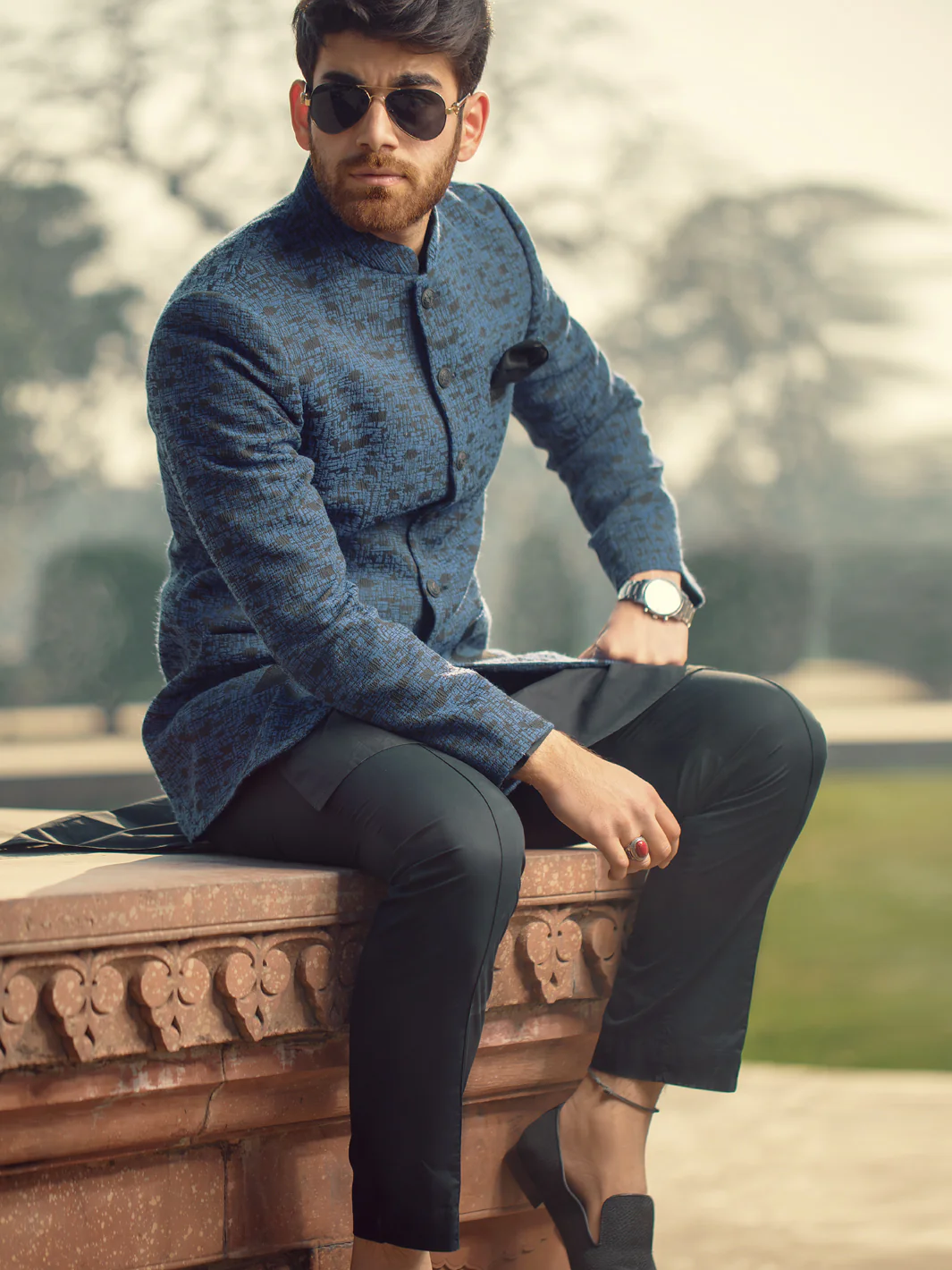 Royal Blue Textured Prince Coat - AL-PCS-002 - Image 2