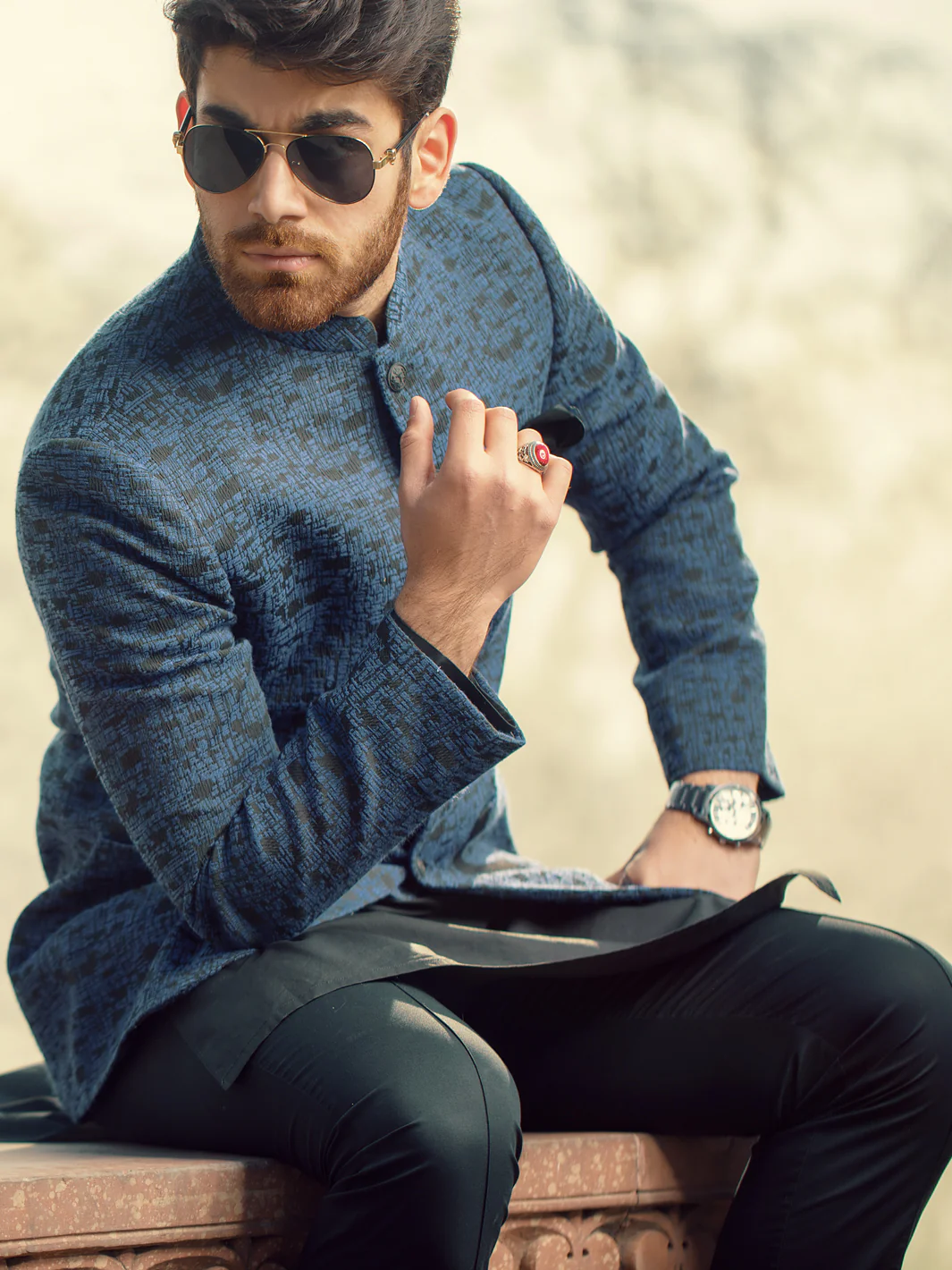 Royal Blue Textured Prince Coat - AL-PCS-002 - Image 4