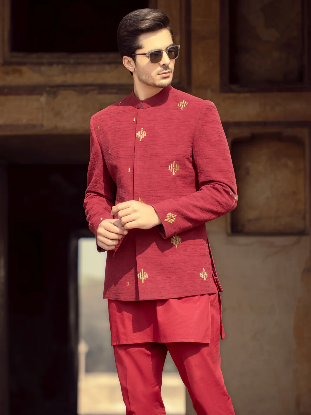 Red Blended Fabric Prince Coat  - AL-PCS-026 - Image 2