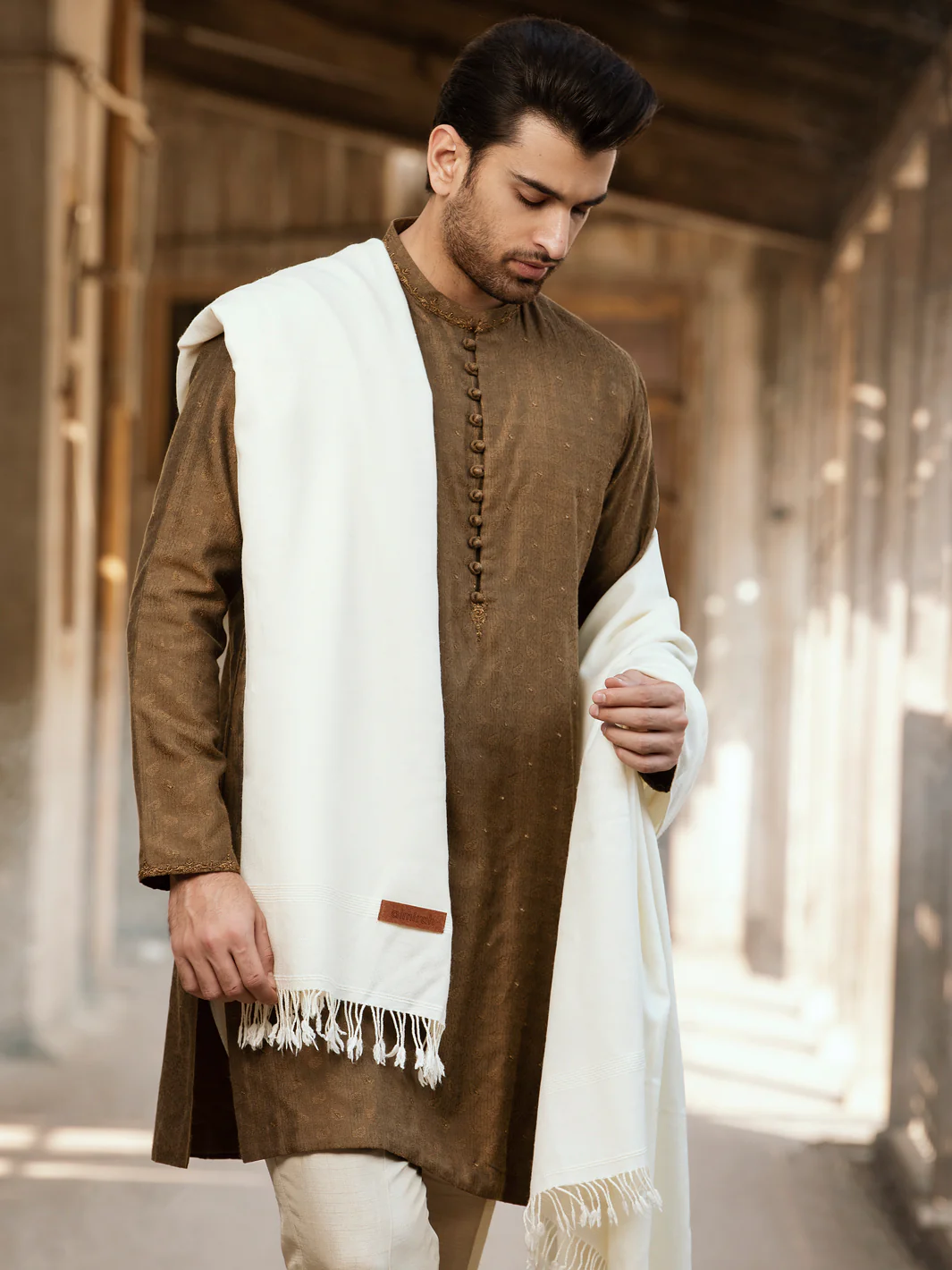 Cream Blended Shawl For Men - AL-SH-007 - Image 2