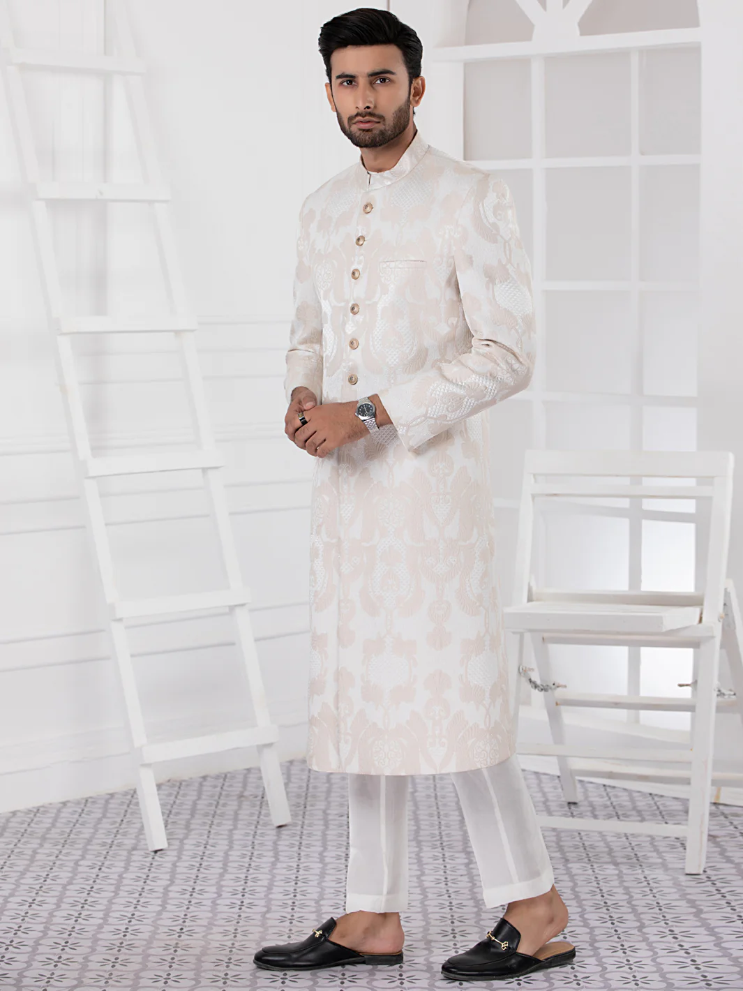 Cream Blended Men Sherwani - AL-SW-130 - Image 3