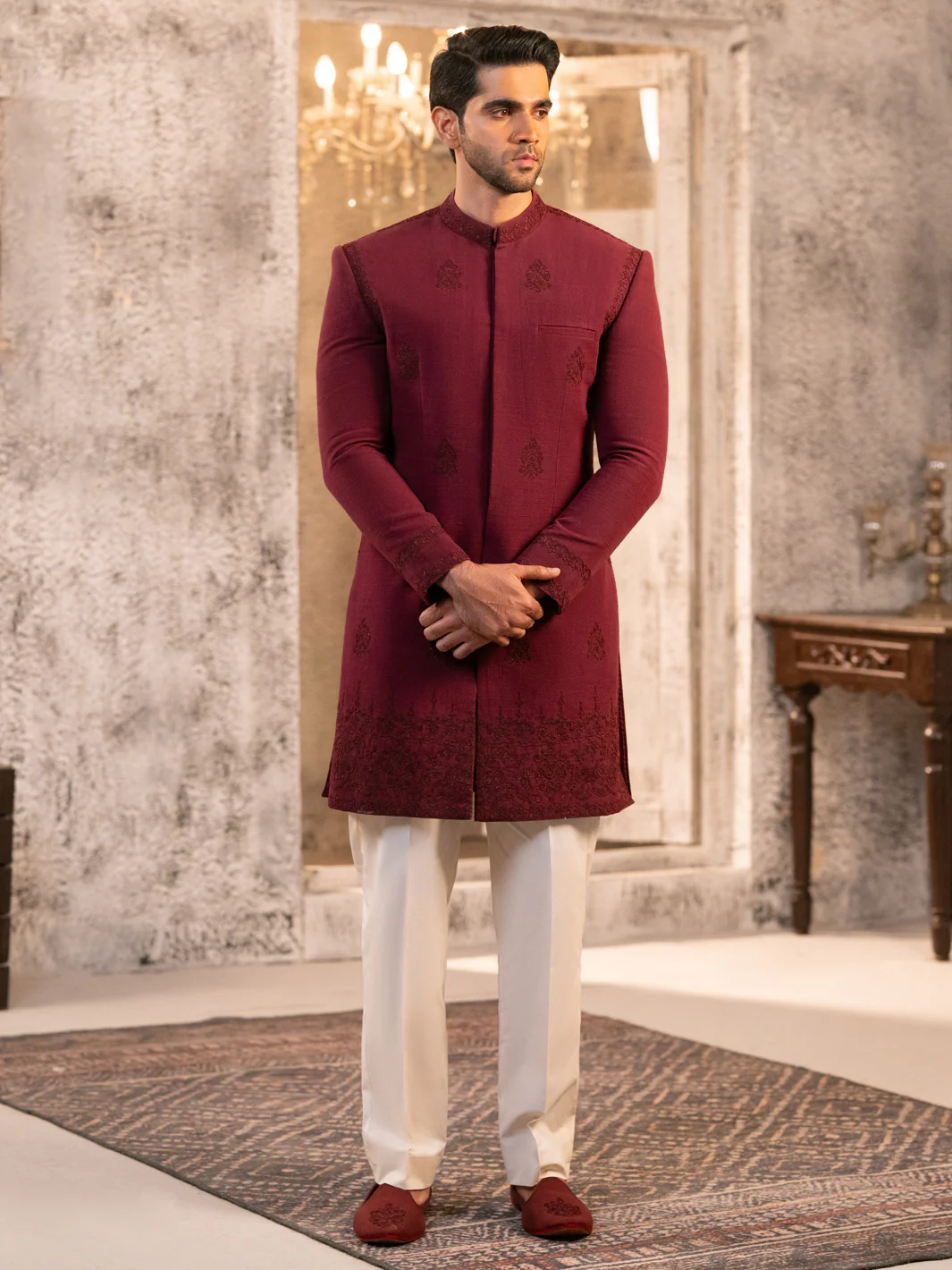 Maroon Cotton Sherwani - AL-SW-153 - Image 3