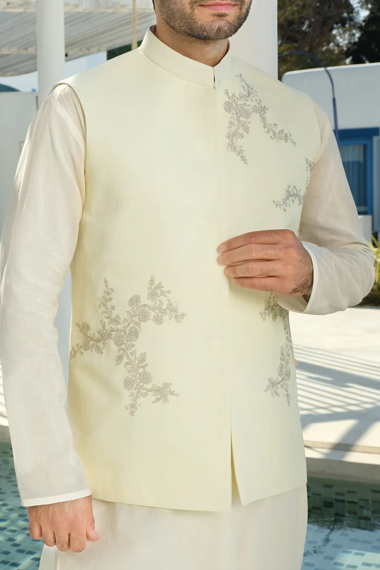 Light Yellow Khaddar Waistcoat - AL-WC-314 - Image 2