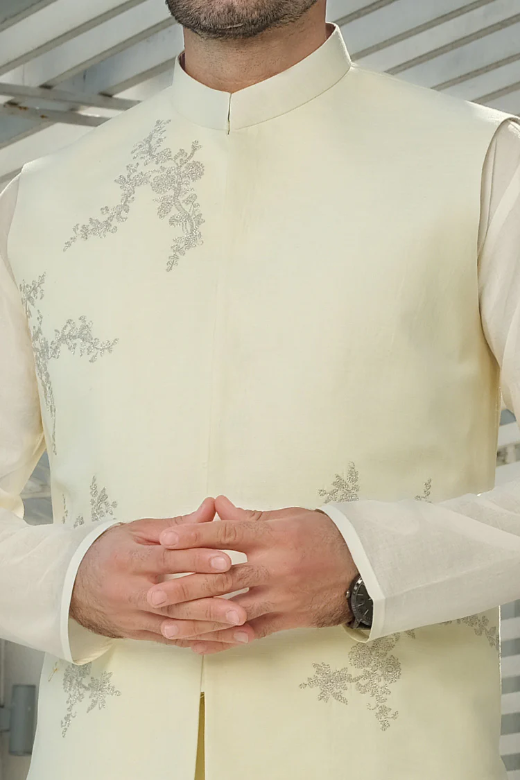Light Yellow Khaddar Waistcoat - AL-WC-314 - Image 3