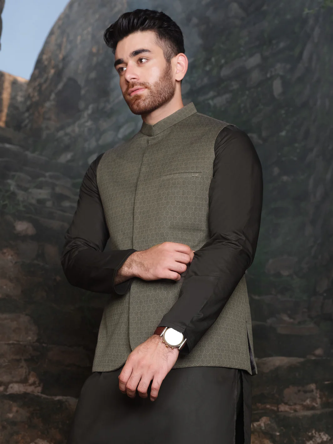 Olive Woven Waistcoat - AL-WC-332 - Image 2