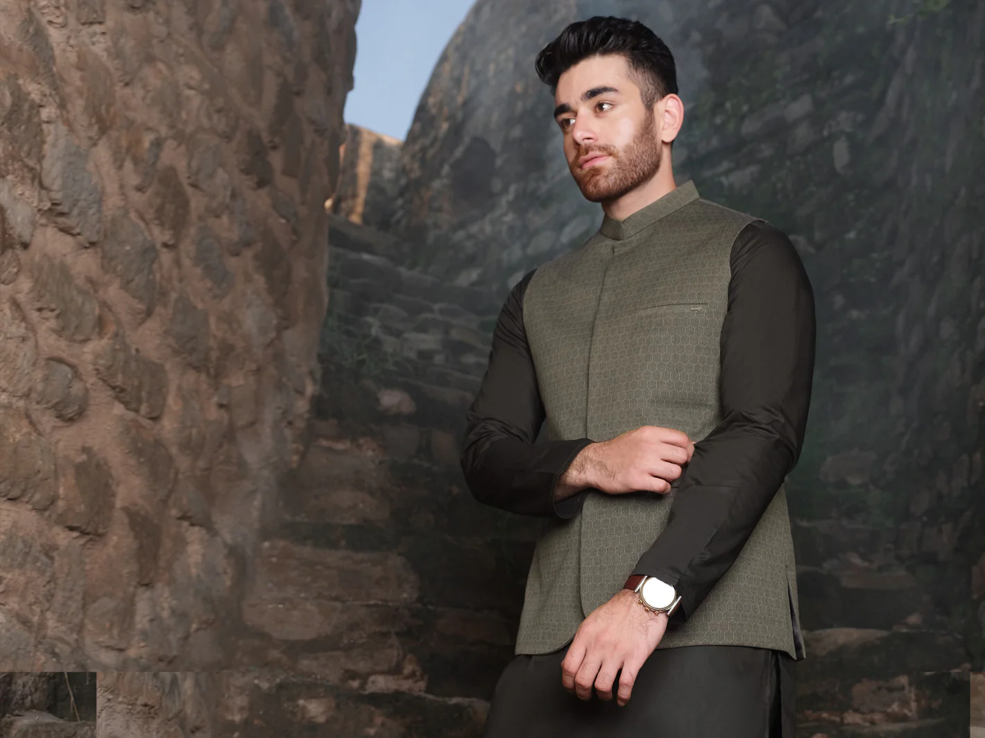 Olive Woven Waistcoat - AL-WC-332 - Image 4