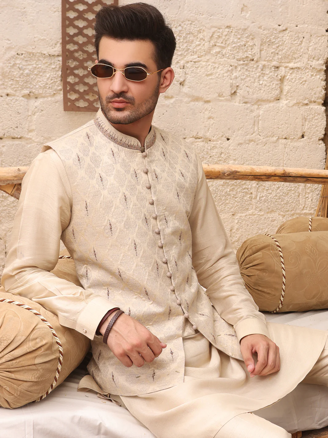 Cream Jacquard Waistcoat - AL-WC-373 - Image 2