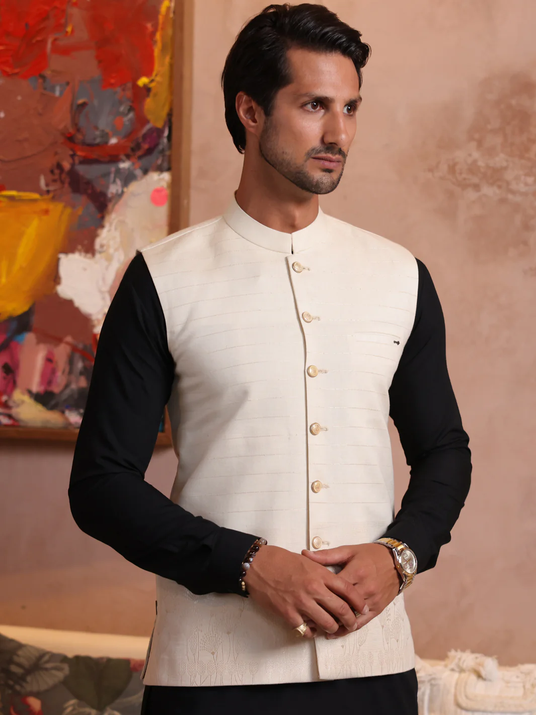 Light Beige Cotton Waistcoat - AL-WC-533 - Image 2