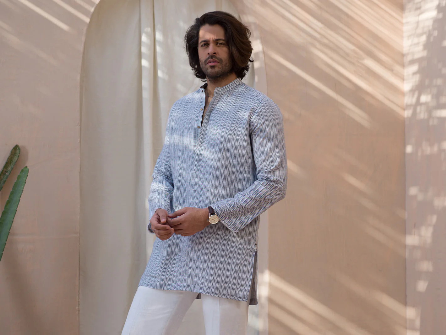 Grey Pin Striped Linen Short Kurta - ALCR-K-002 - Image 3