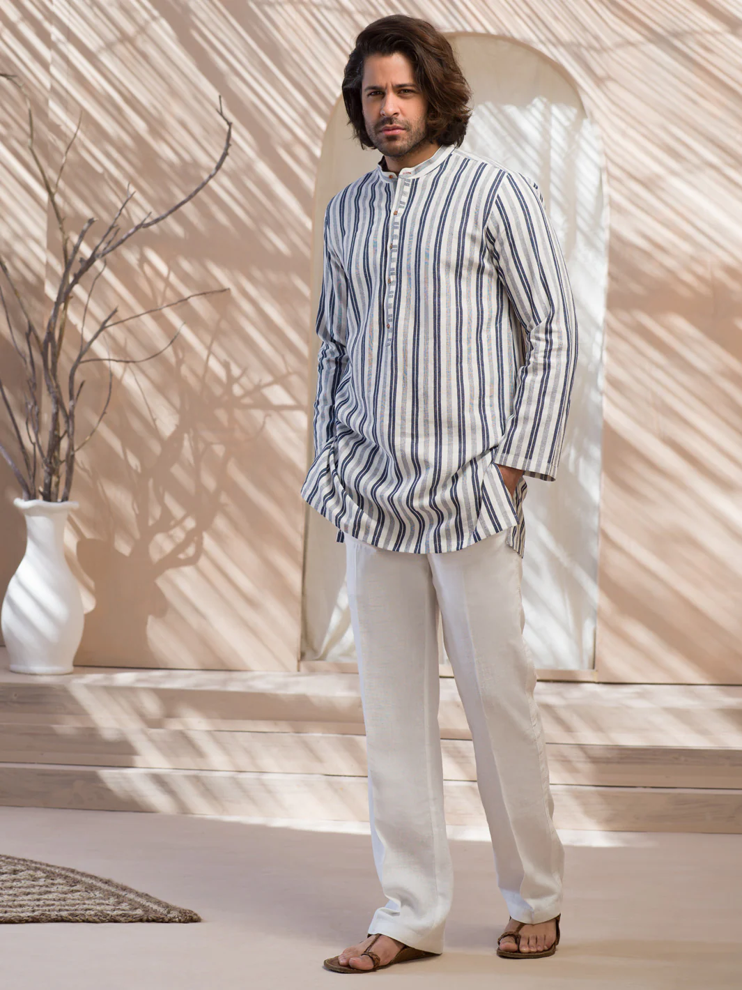 Blue & White Striped Linen Short Kurta - ALCR-K-004