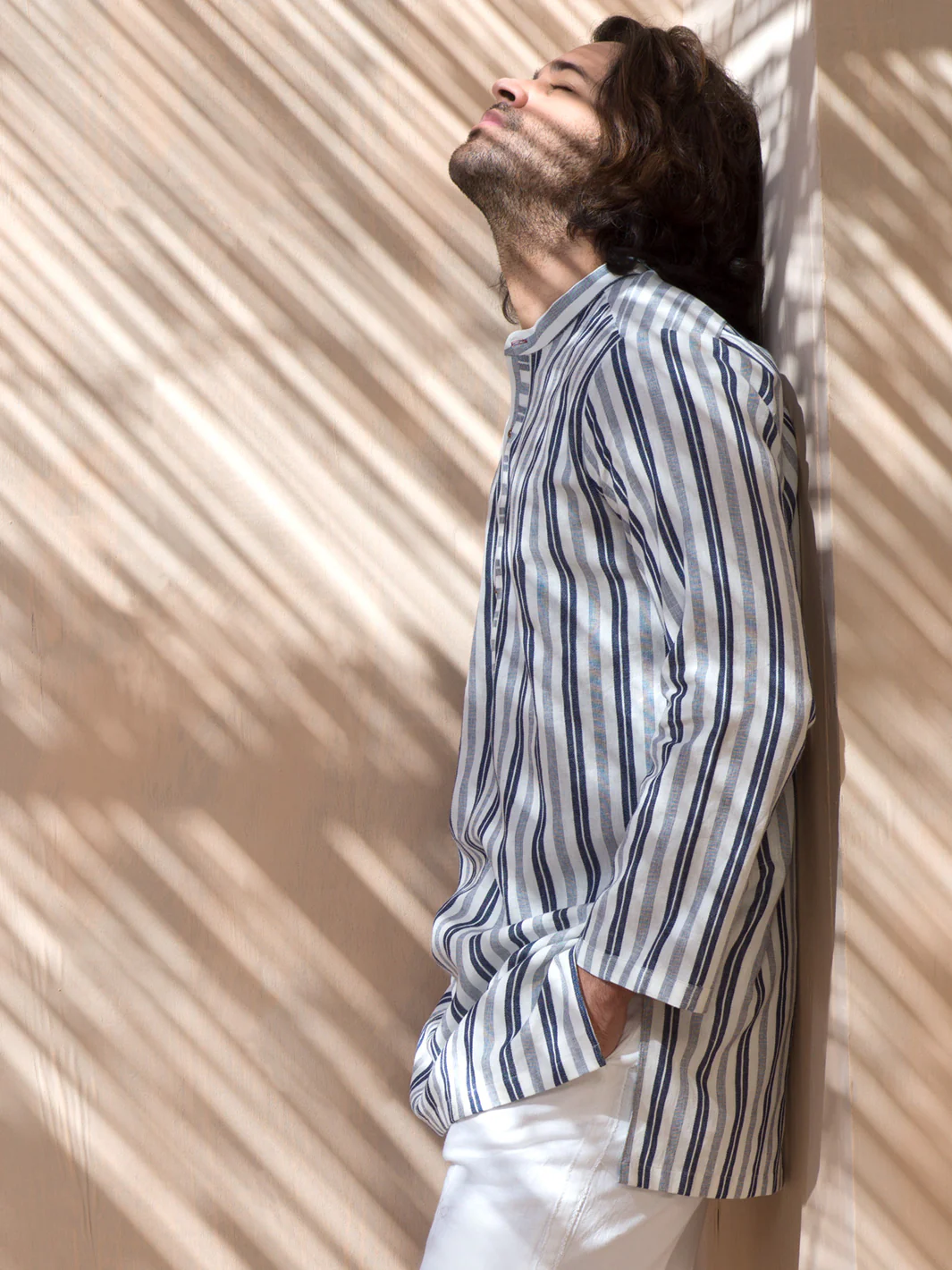 Blue & White Striped Linen Short Kurta - ALCR-K-004 - Image 3