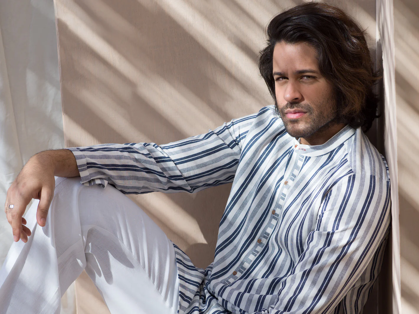 Blue & White Striped Linen Short Kurta - ALCR-K-004 - Image 4